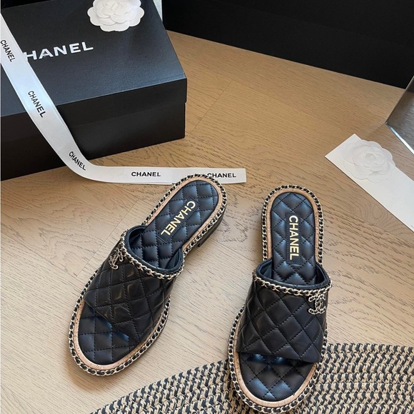 Chanel Shoes Shoes - Chanel Quilted Black Sandals with Chain Accent